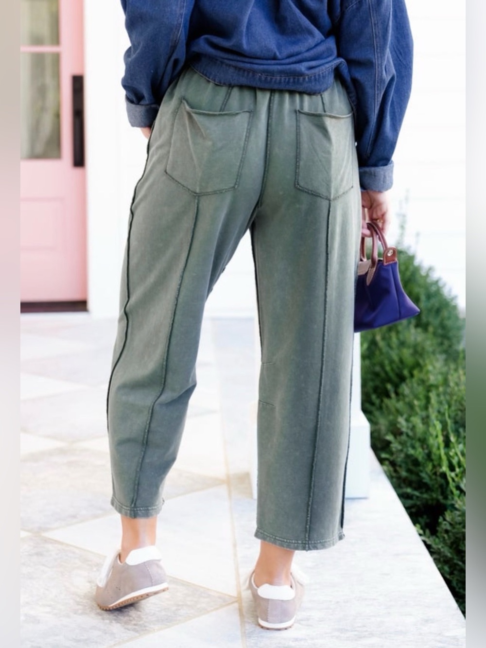 Mineral Wash Elastic Waistband Barrel Pants - pine green - Picture 2 of 6